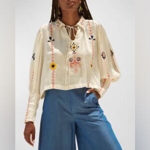 Carolina K Elis Collared Split-Neck Embroidery Top Size XS Excellent Condition